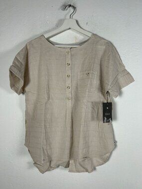 Mountain Hardwear Women Beige Palisade Short Sleeve Shirt Large Linen Blend New